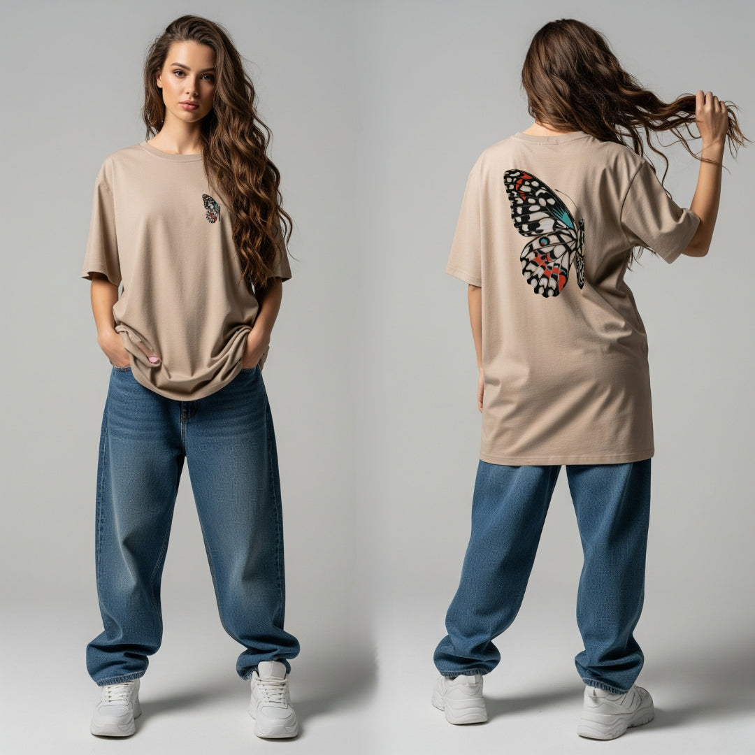 Oversized Beige Butterfly Graphic T-Shirt