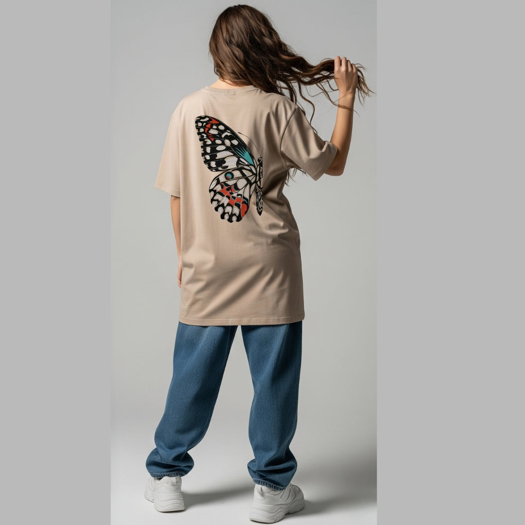 Oversized Beige Butterfly Graphic T-Shirt