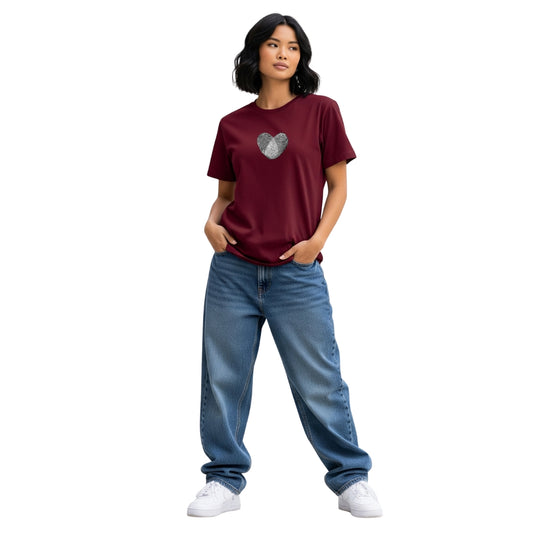 Maroon Heart Fingerprint Graphic T-Shirt