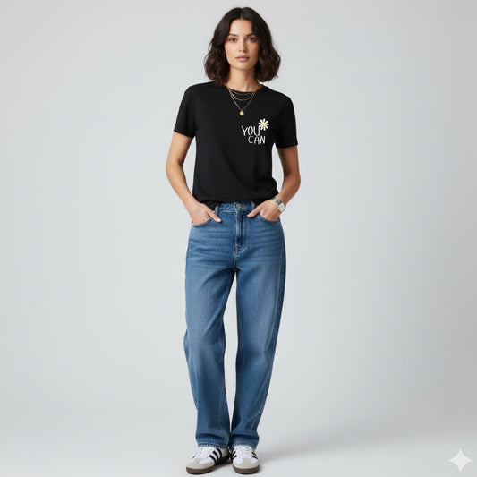Snazzik Black "YOU CAN" Daisy Print Regular Fit Tee